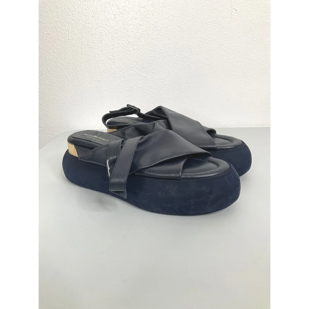Paloma Barcelo Navy Leather Platform Slingback Sandals Made in Spain Size 40